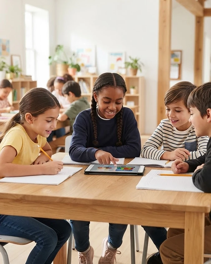 A bright, modern Bromley classroom bathed in natural sunlight